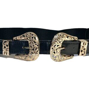Vtg Western Stretch Faux Black Leather Gold Tone Double Buckle Womens Belt XS S